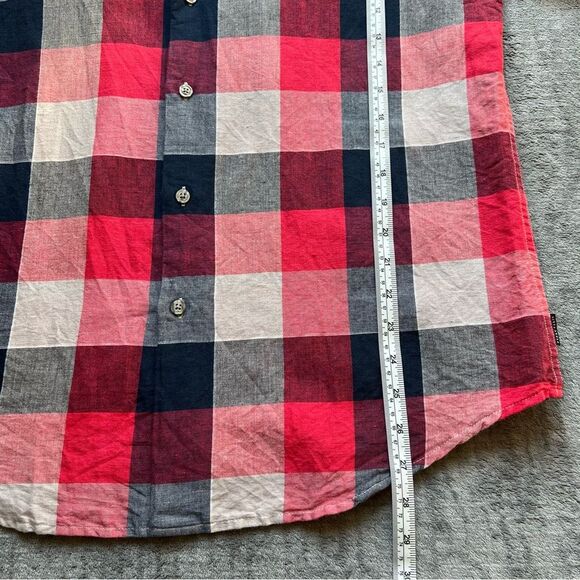 Perry Ellis Sz M Linen Cotton Blend Plaid Red Long Sleeve Shirt Button Down - Picture 7 of 14